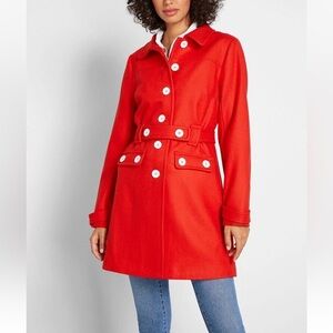 Modcloth Wool Blend Red Trench Coat with White Buttons